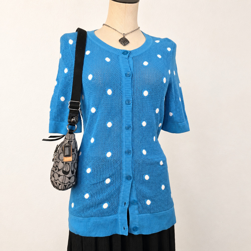 Blue Polka Dot Cardigan Top Twee Coquette Soft Girl Knit